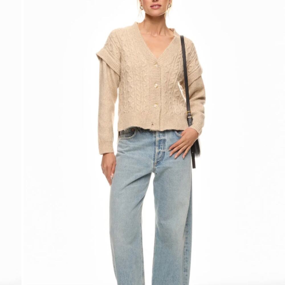Central Park West Beige Cardigan Sweater LARGE Oversized Cable Knit Cottage $170